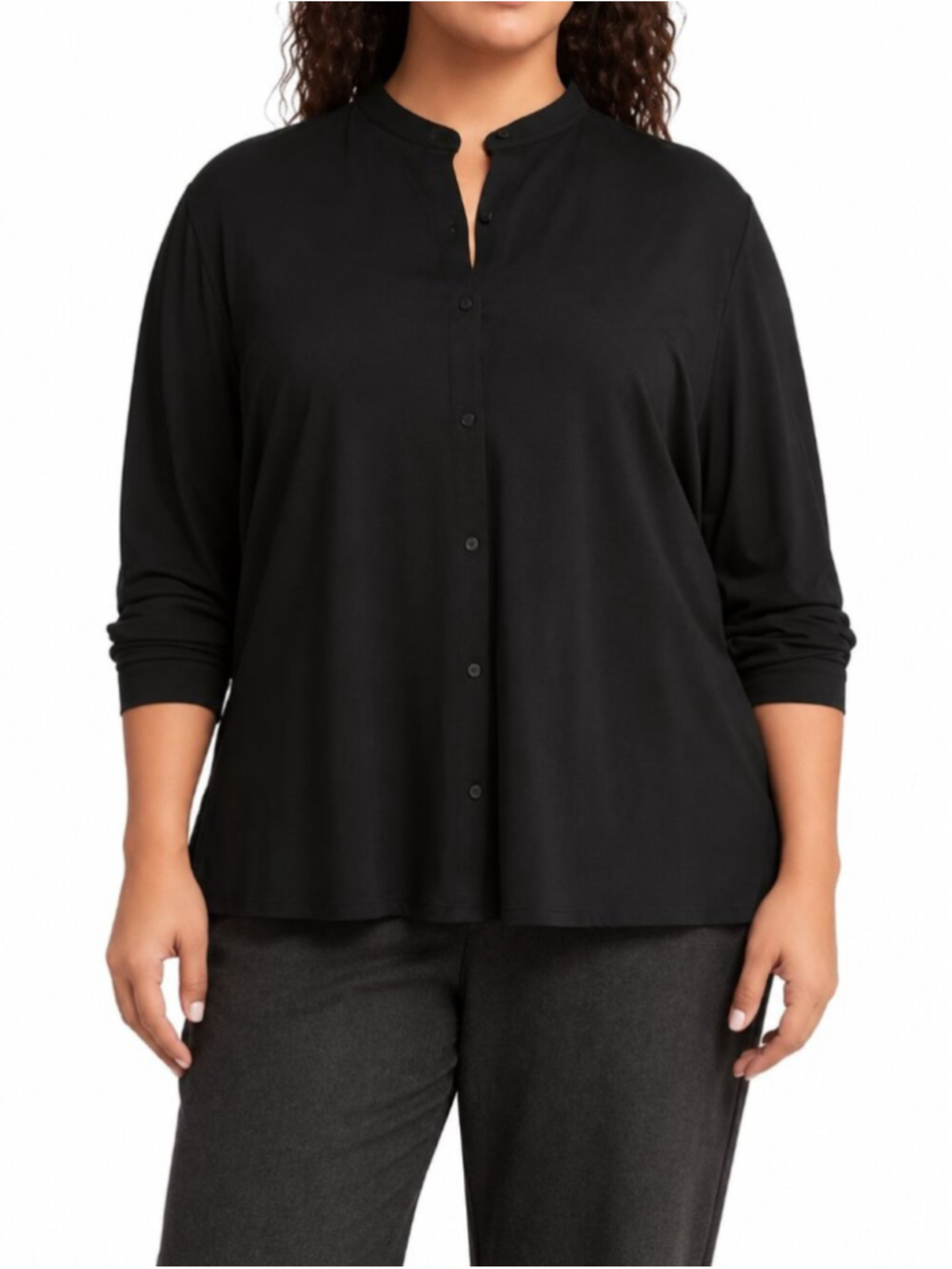 EILEEN FISHER Jersey Band Collar Button Up Shirt Black 3X Relaxed Fit 7/8 Sleeve